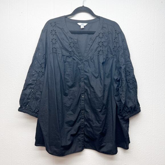 Croft & Barrow Top Women 3X 100% Cotton Eyelet Button Front Breathable Dark Boho - Picture 1 of 14